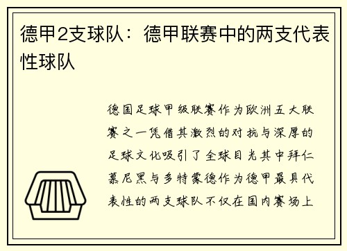 德甲2支球队：德甲联赛中的两支代表性球队