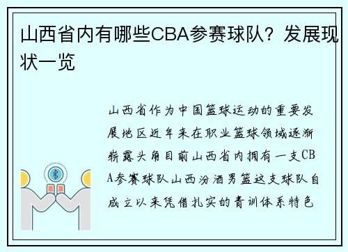 山西省内有哪些CBA参赛球队？发展现状一览